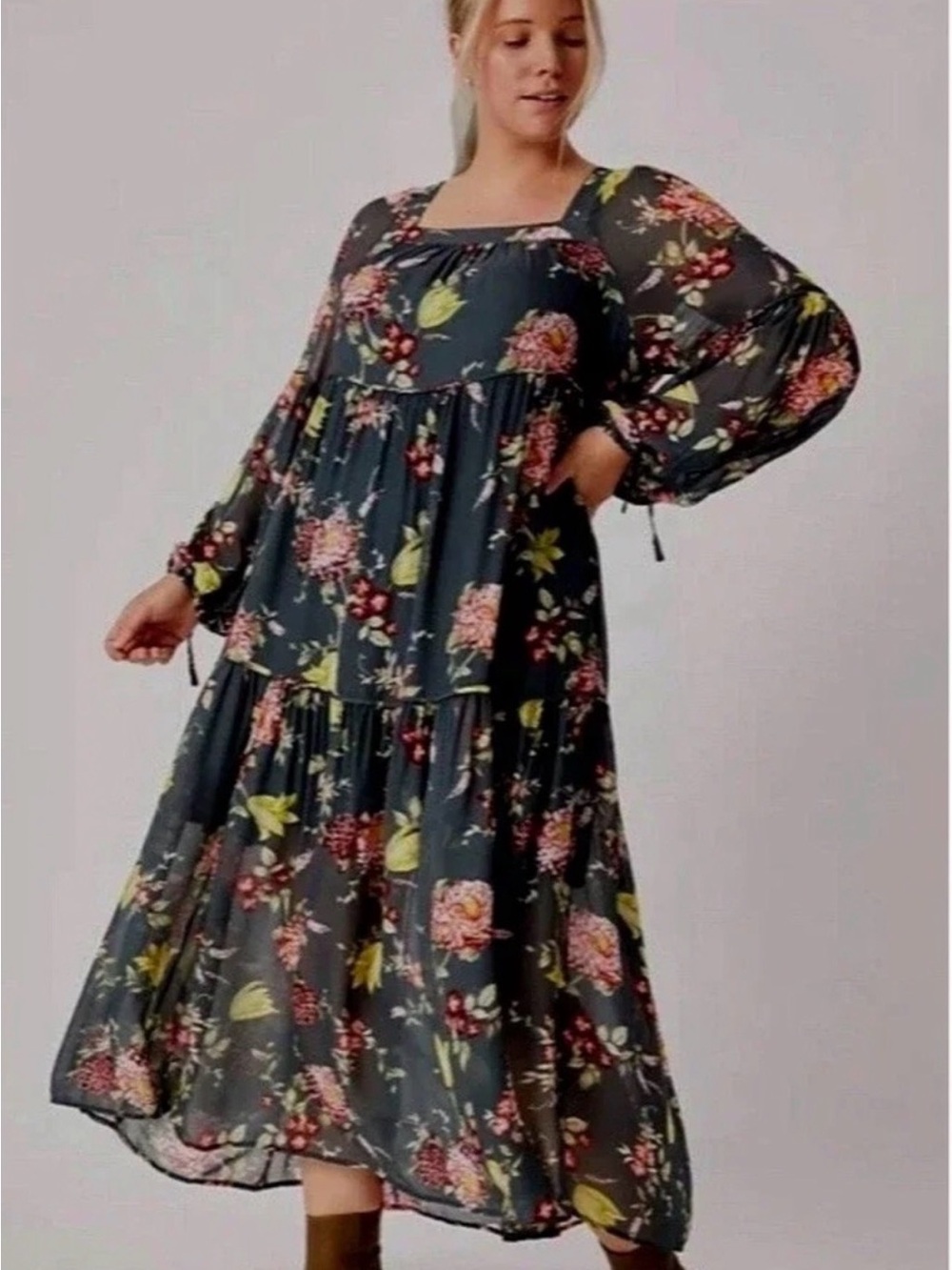 Anthropologie Black Floral Maxi Dress with Pink and Yellow Accents